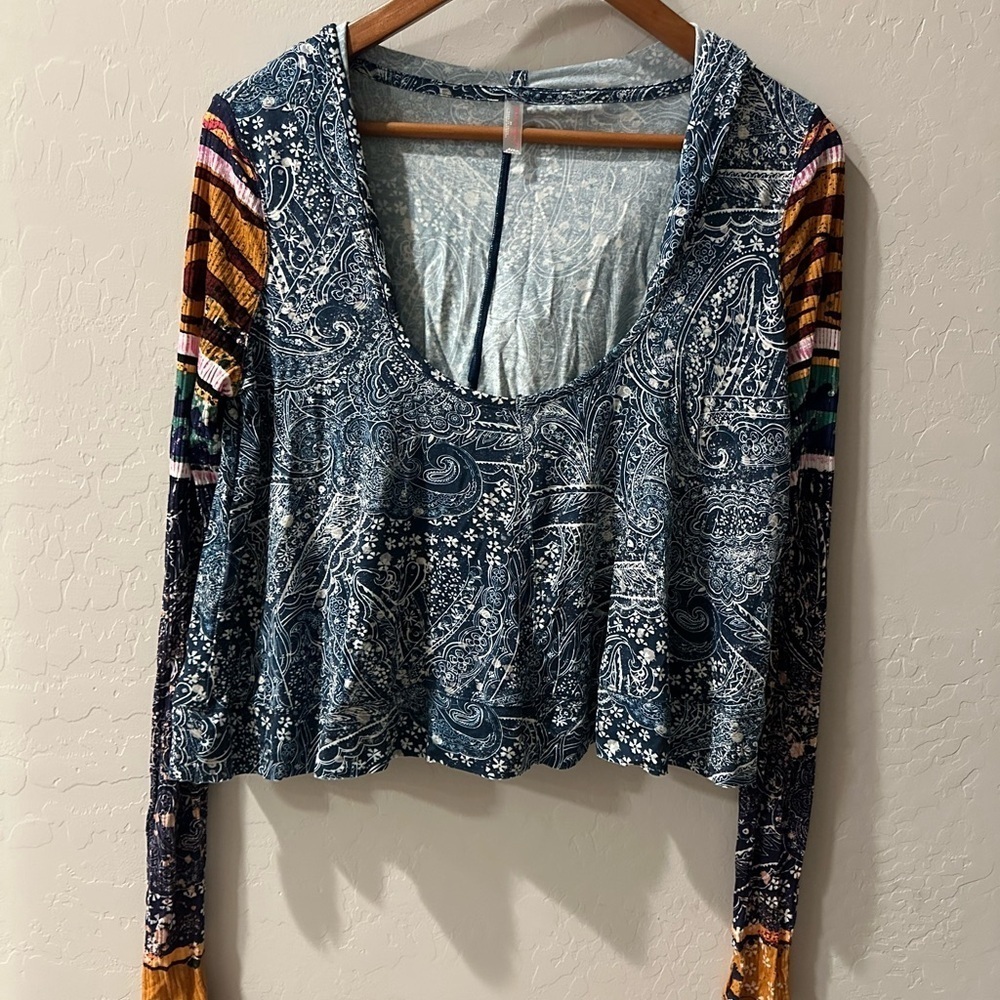Free People mix print long sleeve boho crop top size xs